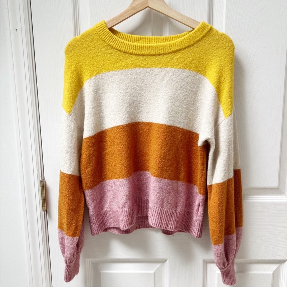 Madewell Striped Gladwell Balloon-Sleeve Pullover Sweater in Mulberry